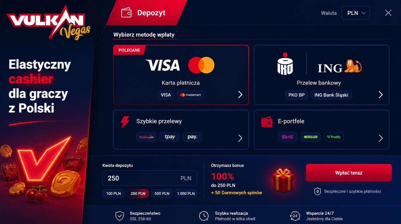 Interfejs wyboru metody wpłat z kartami, bankami i e-portfelami w języku polskim