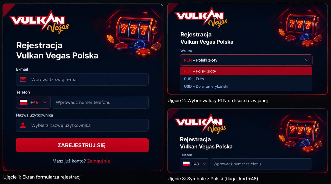 Formularz rejestracji konta Vulkan Vegas z widocznym wyborem PLN i kodem +48
