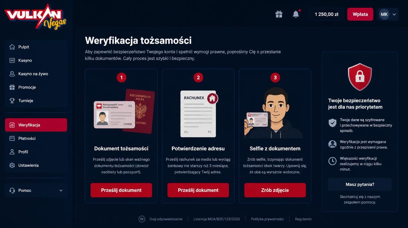 Proces weryfikacji dokumentów w Vulkan Vegas – zdjęcie dokumentu, selfie, potwierdzenie adresu